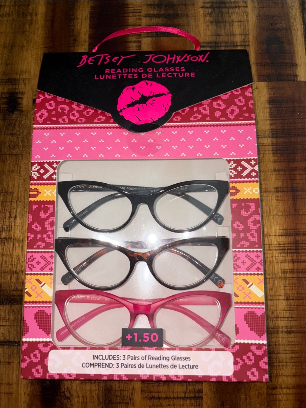 Betsey Johnson 3-Pack Reading Glasses Set - Black, Tortoise, Pink